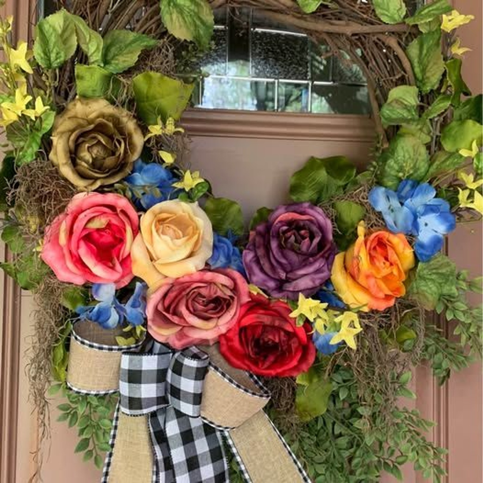 Floral Summer Roses Wreath for Spring Summer with Buffalo Check Bow 26 inch