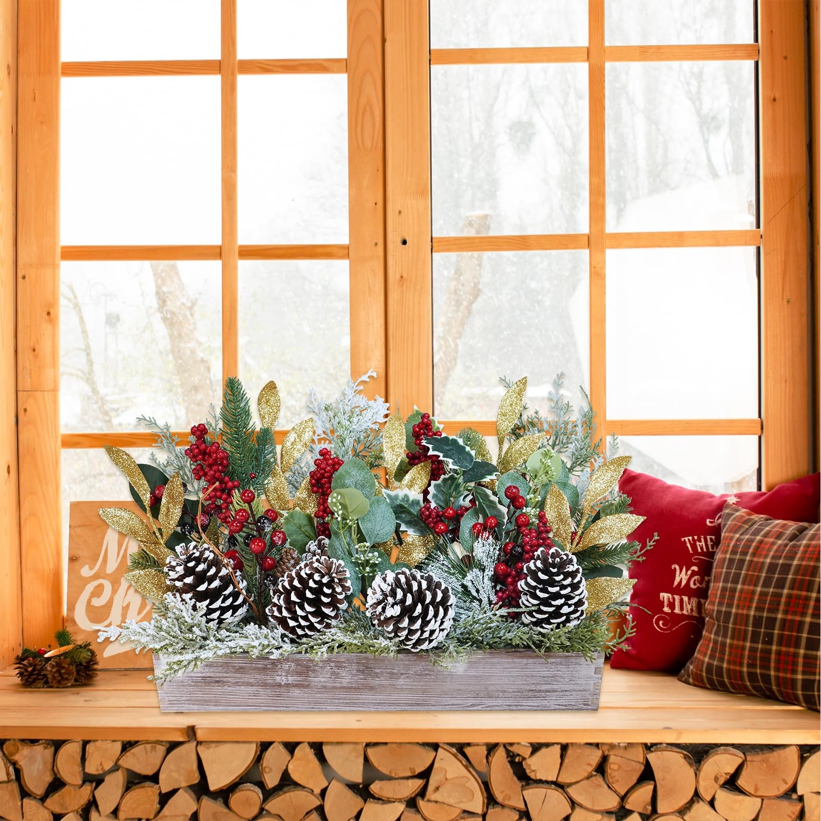Bulk Rustic Christmas Floral Picks and Pine Cones in Wooden Box – Holiday Table