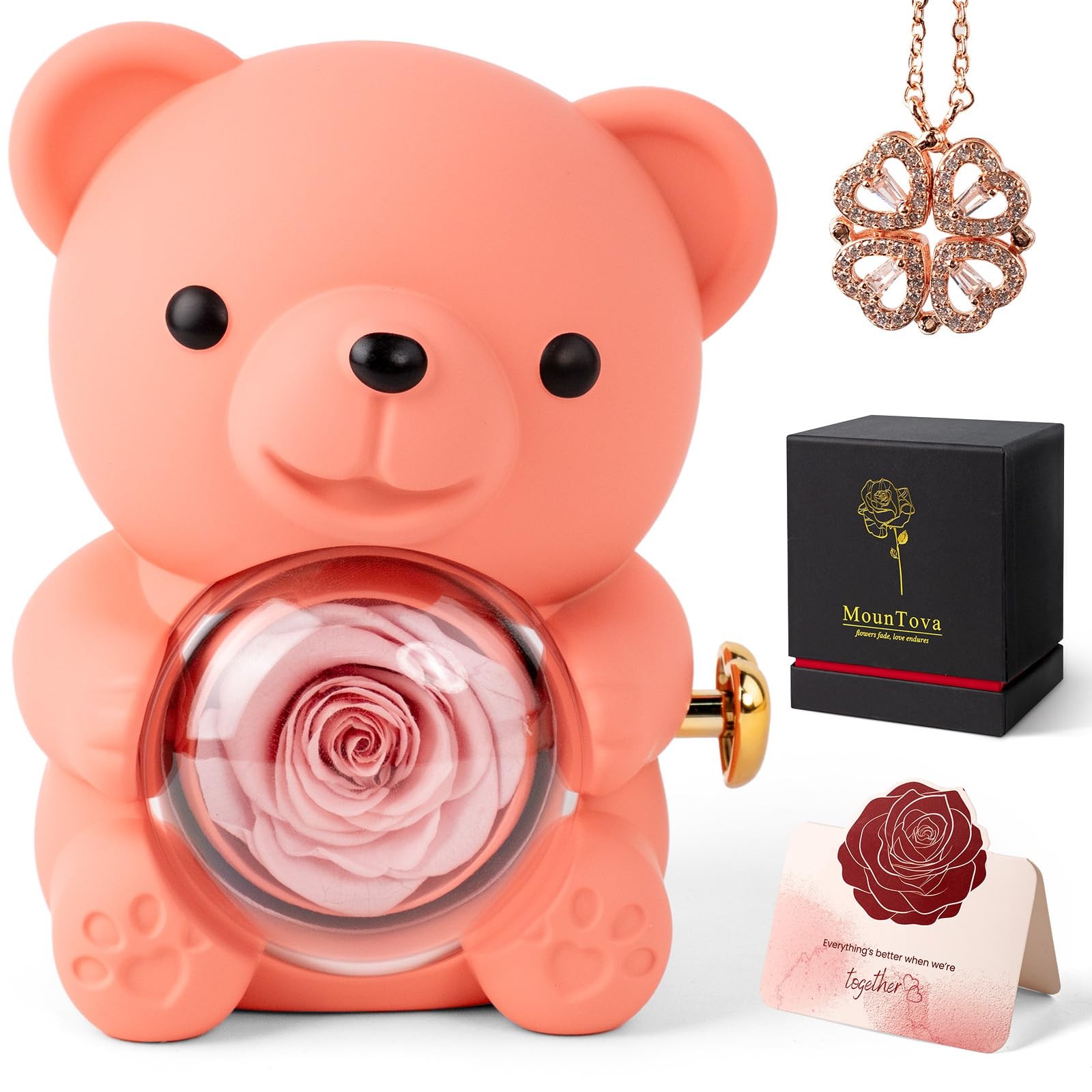 Teddy Bear with Preserved Rose Flower in Bear with Necklace and Box for Women…
