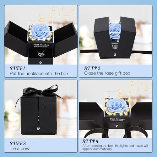 Gifts for Women – Preserved Real Rose with I Love You Heart Necklace, Sky Blue