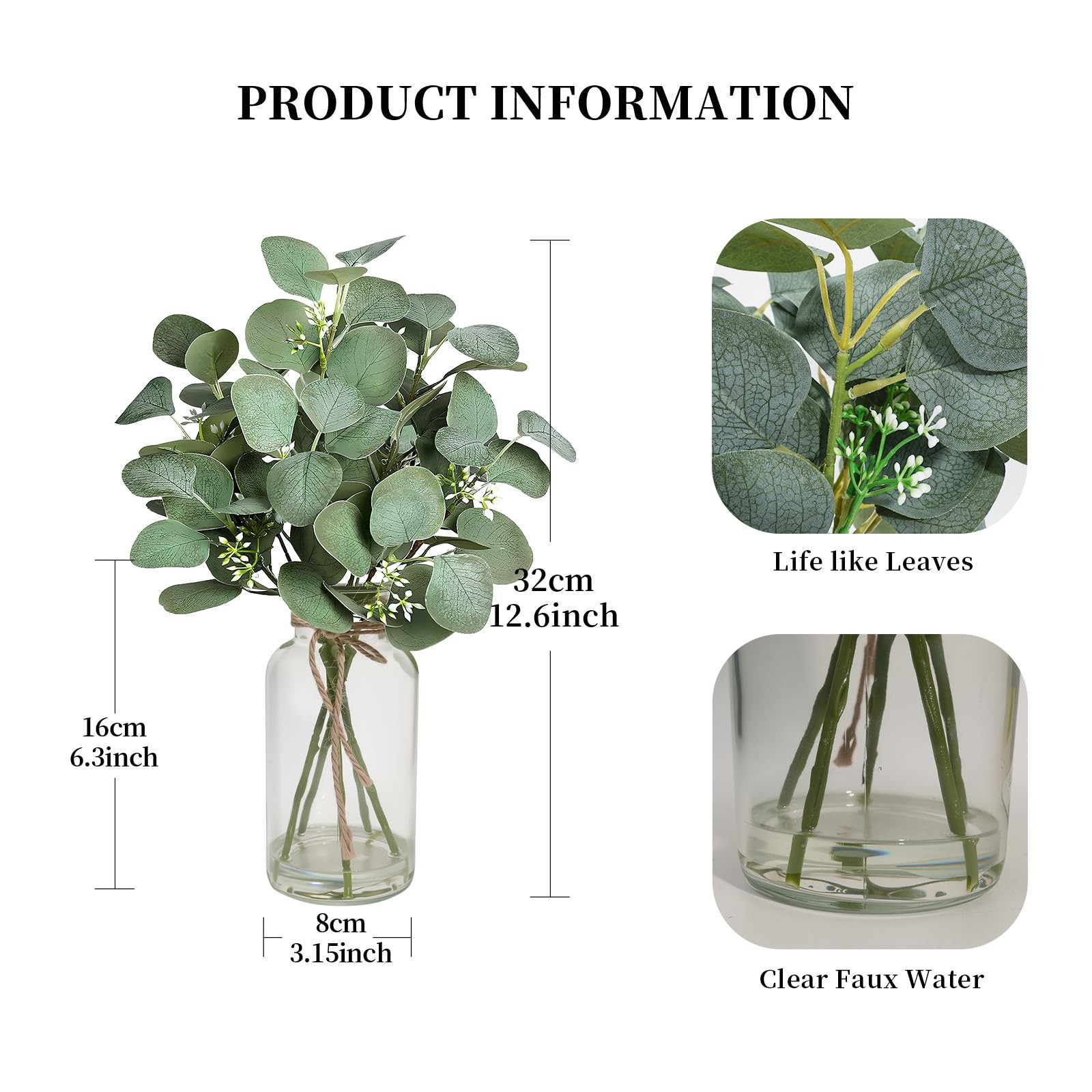 Artificial Eucalyptus Stems in Clear Glass Vase with Faux Water, 14 Inch Fake…