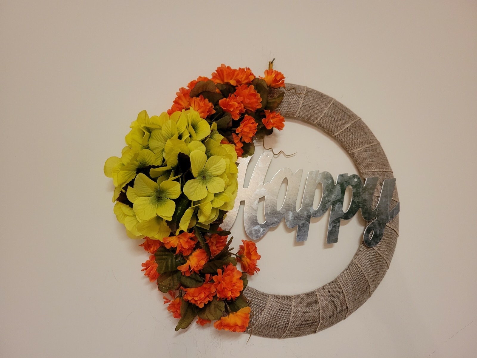 HAPPY Hydrangeas Mum burlap WREATH FALL autumn Decor Front Door 15″ orange green