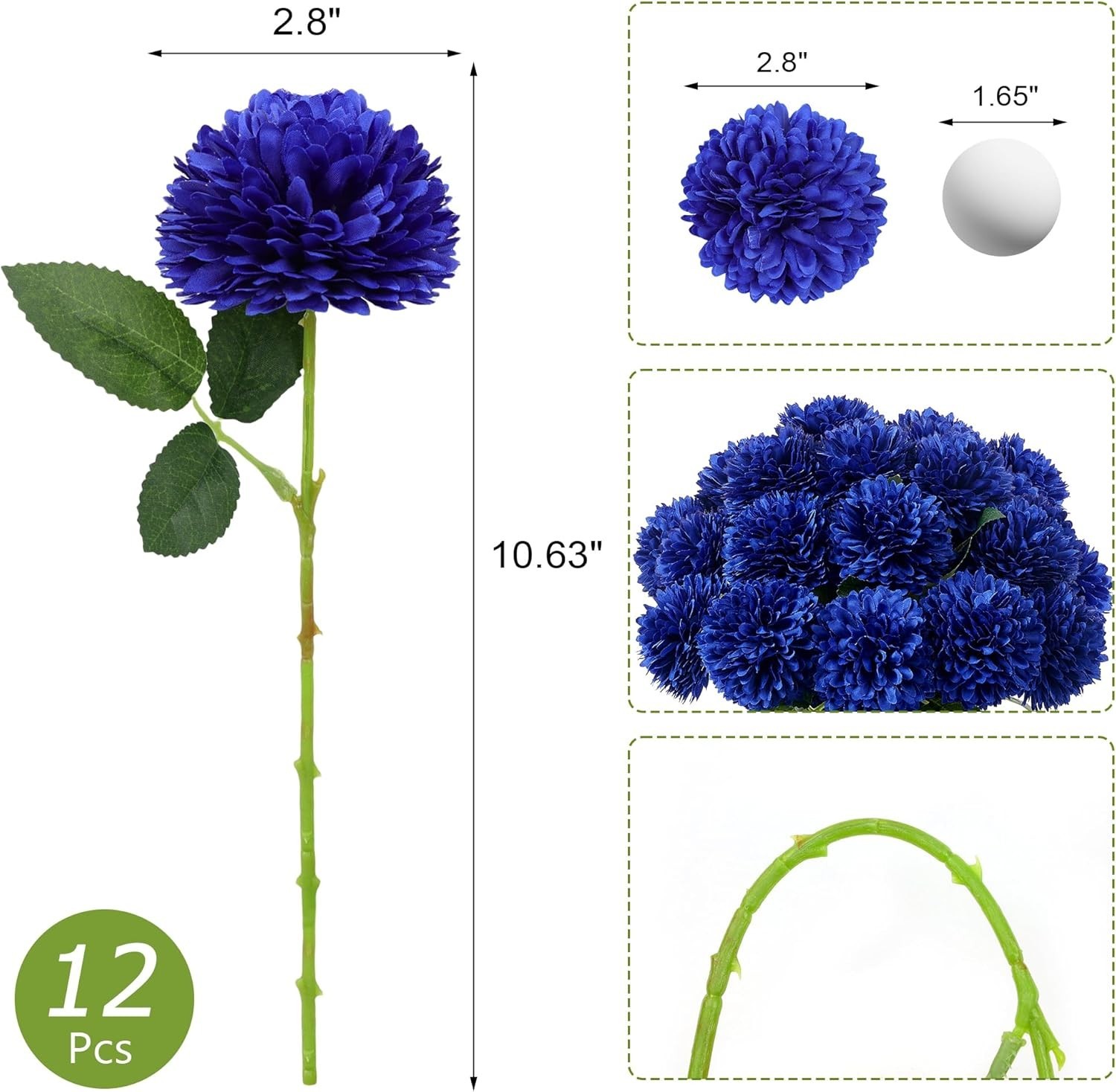 12 PCS Blue Artificial Chrysanthemums Ball Flowers Silk Fake Mums Decor