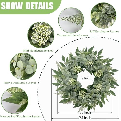 24 Inch Artificial Eucalyptus Fern Wreath, Lush All Year Round Greenery for