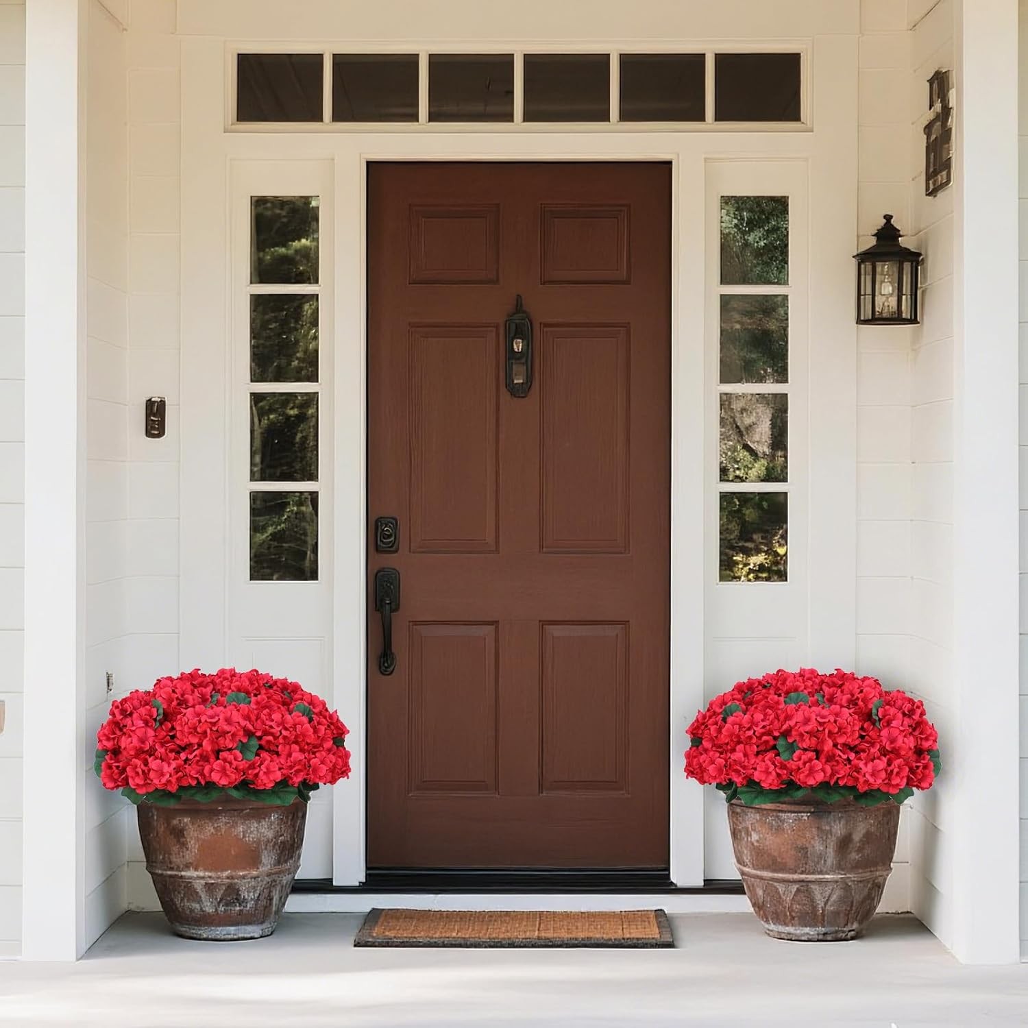 18″ Artificial Geraniums Topiary – 2 Set for Front Porch Decor,Faux Silk Flowers