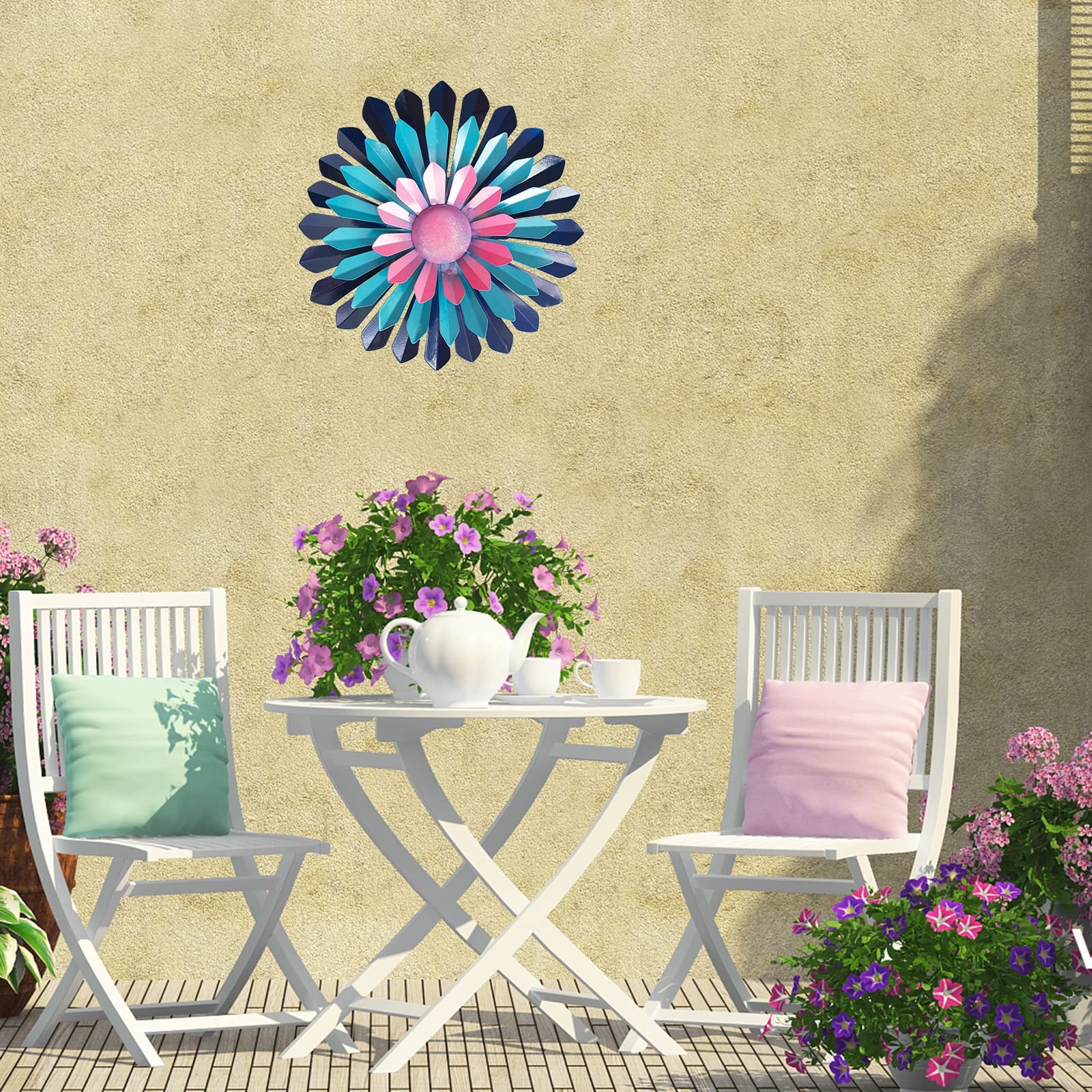 LITIALLY 12 Inches Metal Flower Wall Art Garden Decor 12″L x 12″W, Pink Blue