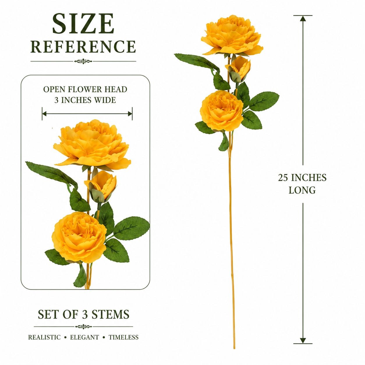 Set of 3 Golden Yellow Rose Stems Faux Roses Artificial Flowers Farmhouse Cottag