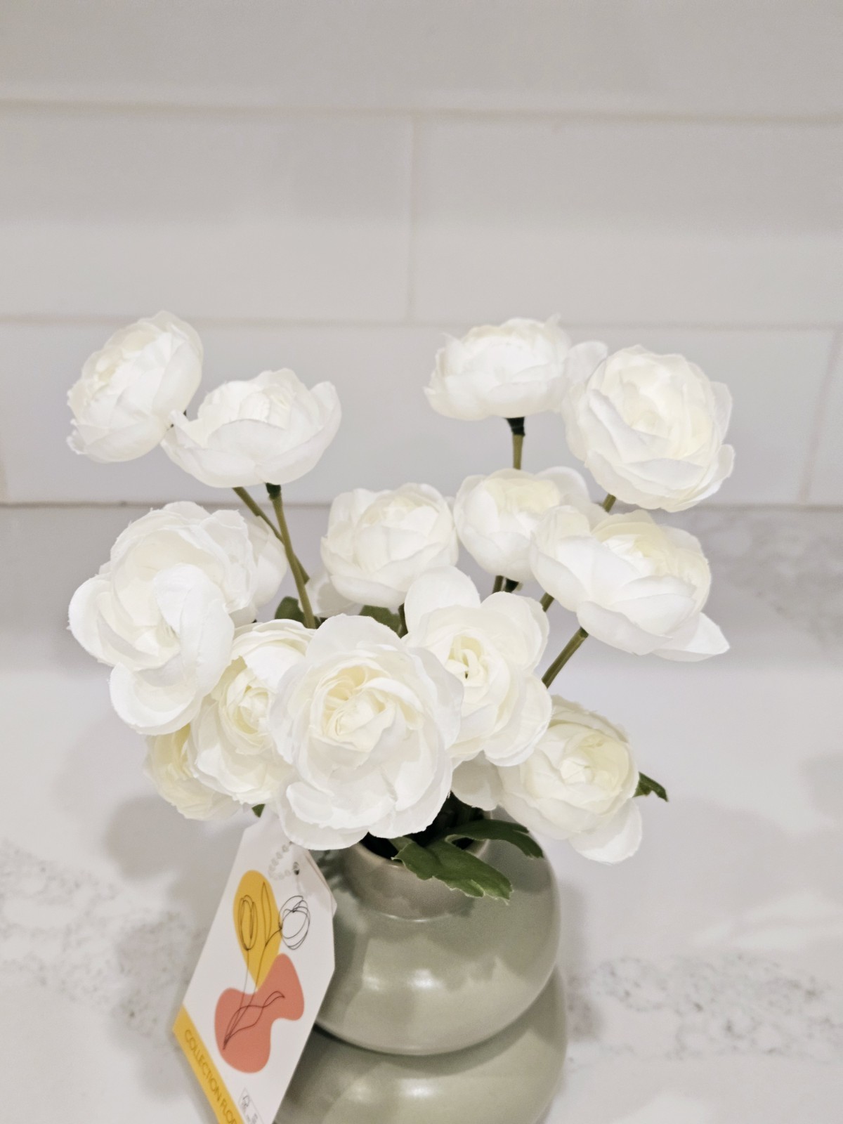 White Ranunculus Floral Arrangement in Green Ceramic Vase 10” Modern Decor