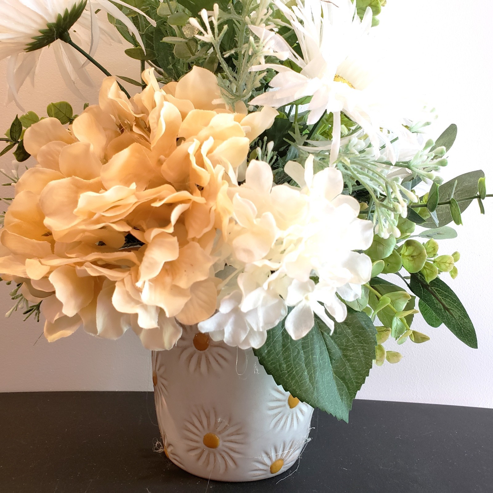Cream Hydrangea & White Daisy Faux Floral Arrangement, Cottage Style Centerpiece