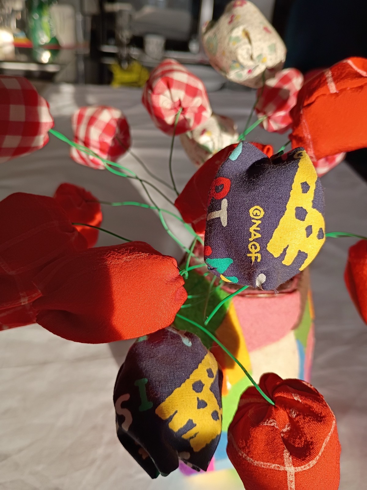 Vintage Nigerian Folk Art Felt Fabric Flowers Handmade Bouquet of Tulips, Africa