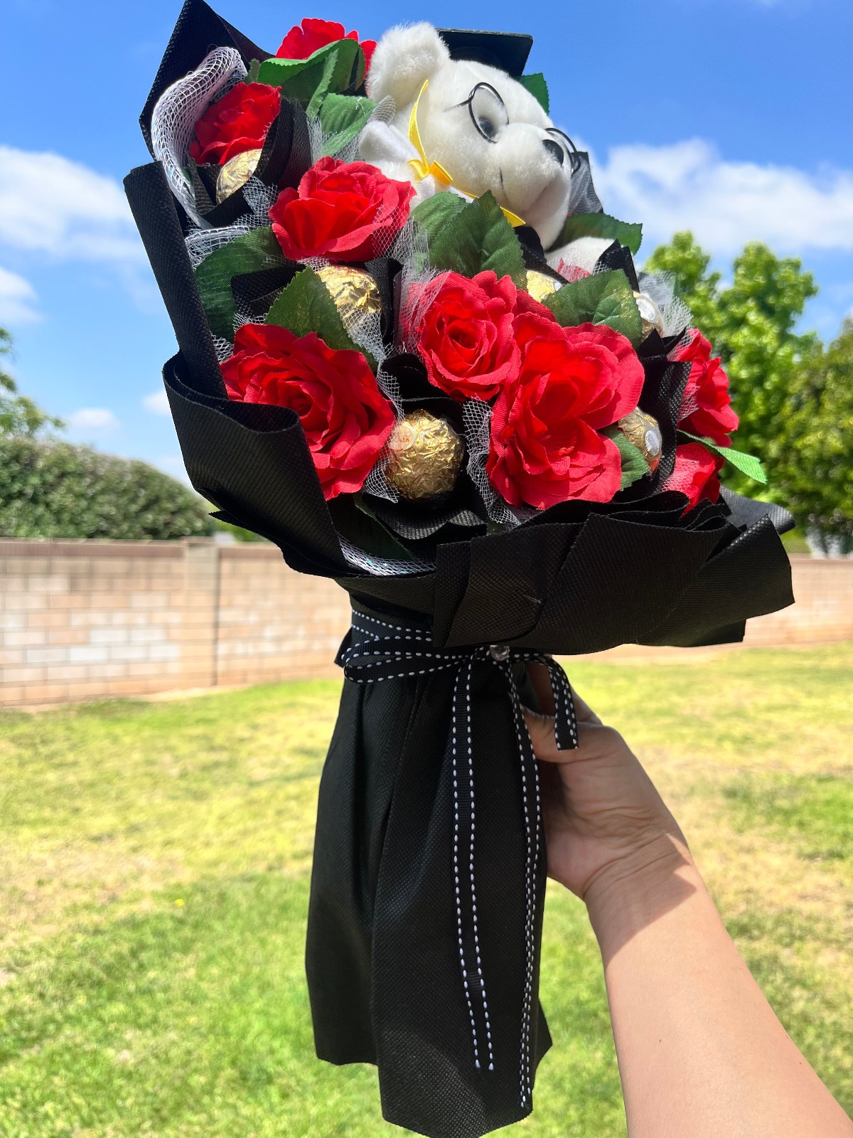 Graduation Bouquet with Teddy Bear, Ferrero Rocher & Red Roses