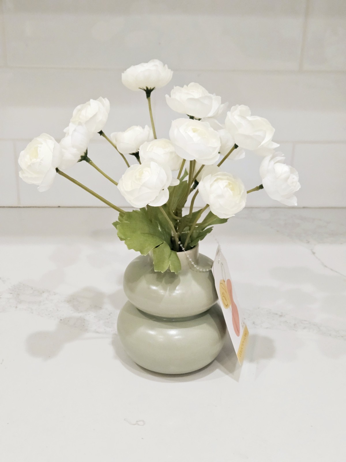 White Ranunculus Floral Arrangement in Green Ceramic Vase 10” Modern Decor