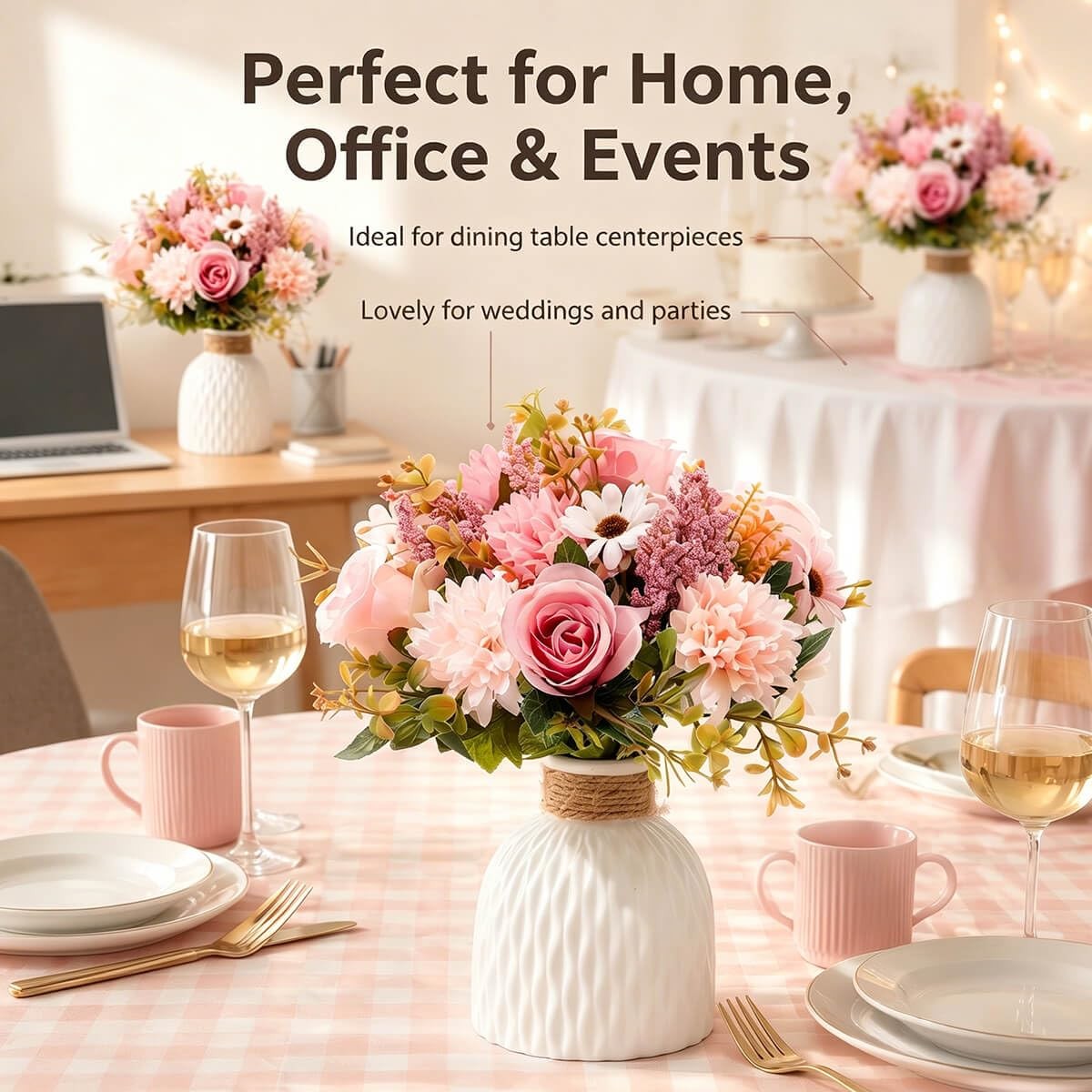 Artificial Pink Fake Flowers In Vase Home Indoor Table Centerpiece Decor