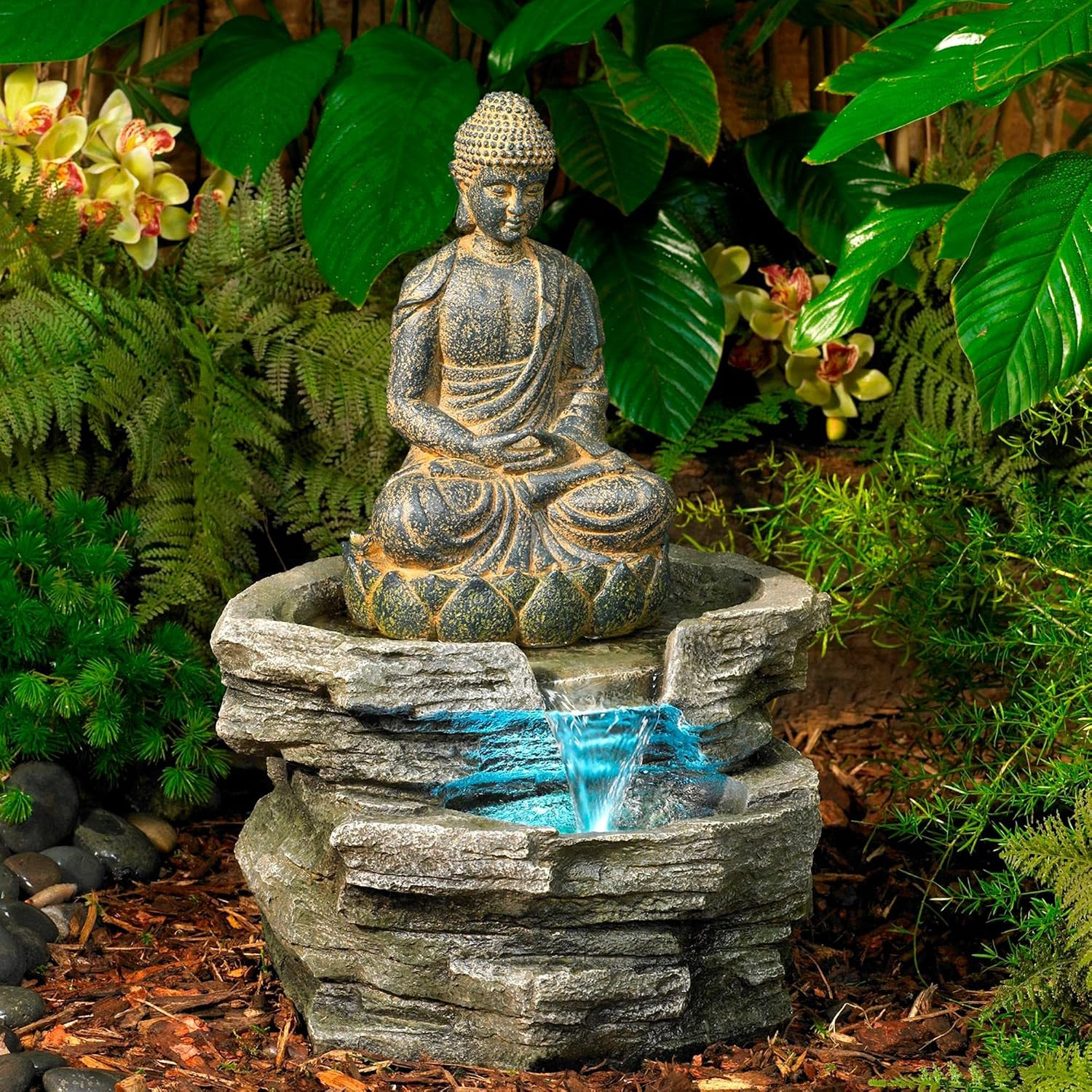 Sitting Buddha 21″ High Large Zen Asian Indoor Outdoor Decor Faux Stone Floor Fo