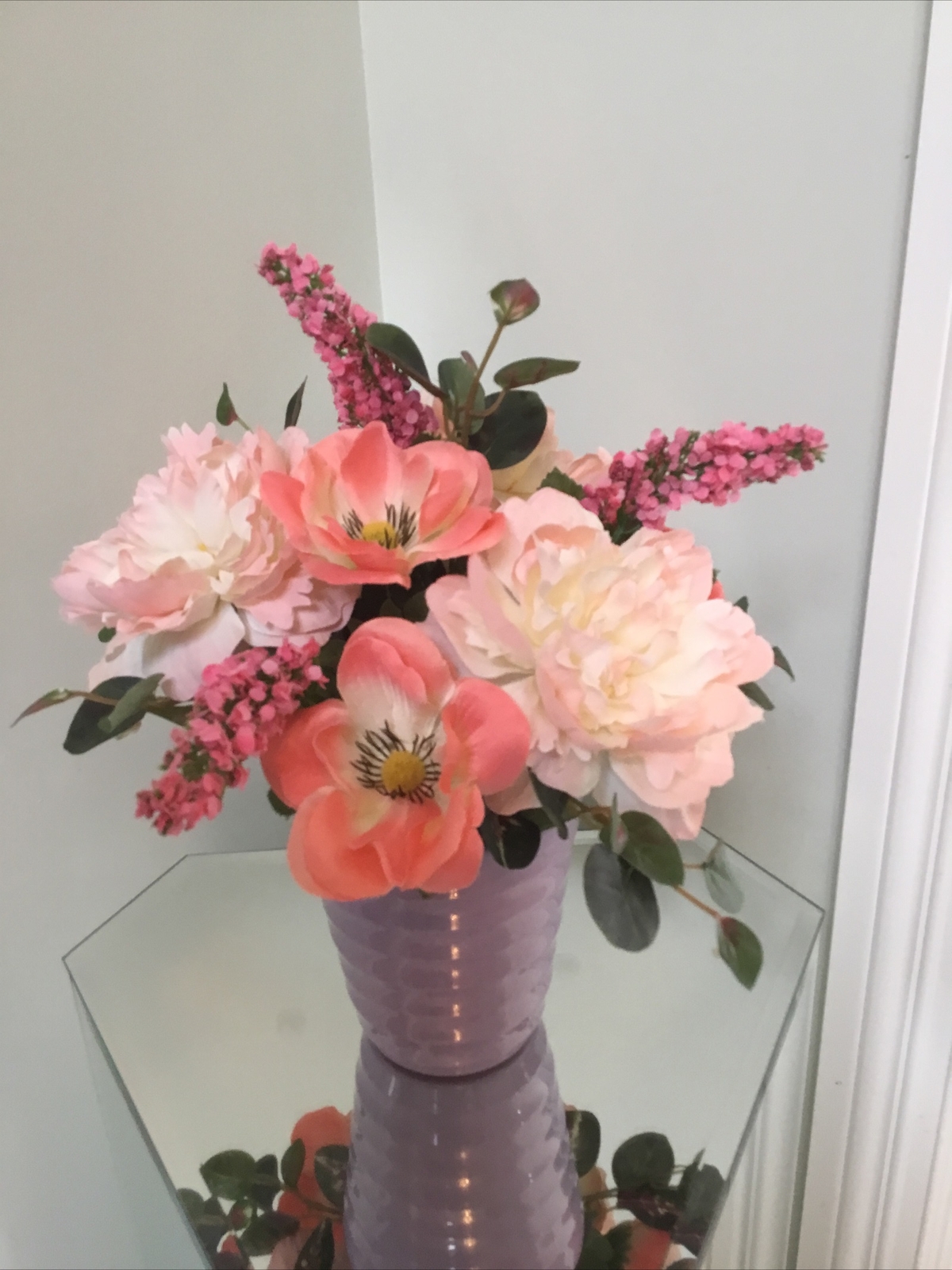 Artificial Floral ARRANGEMENT Flower Pink Decor Purple Vase 12 Inches tall