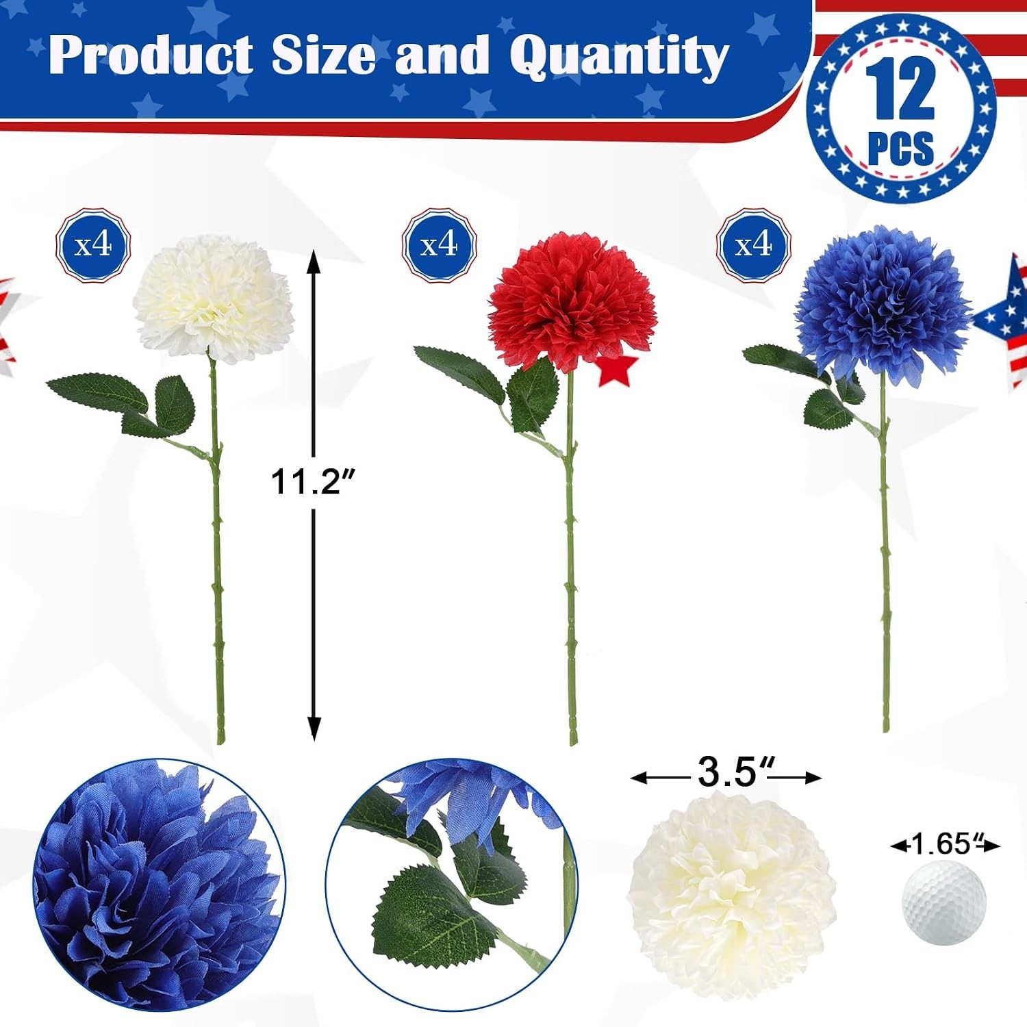Realistic Silk Chrysanthemums – 12 Count Red, White & Blue – Indoors/Outdoors