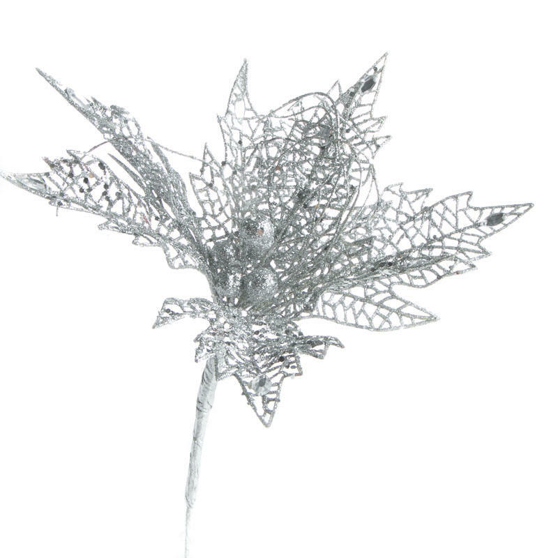 Factory Direct Craft Trio of Elegant Sparkling Silver Mesh Poinsettia Picks
