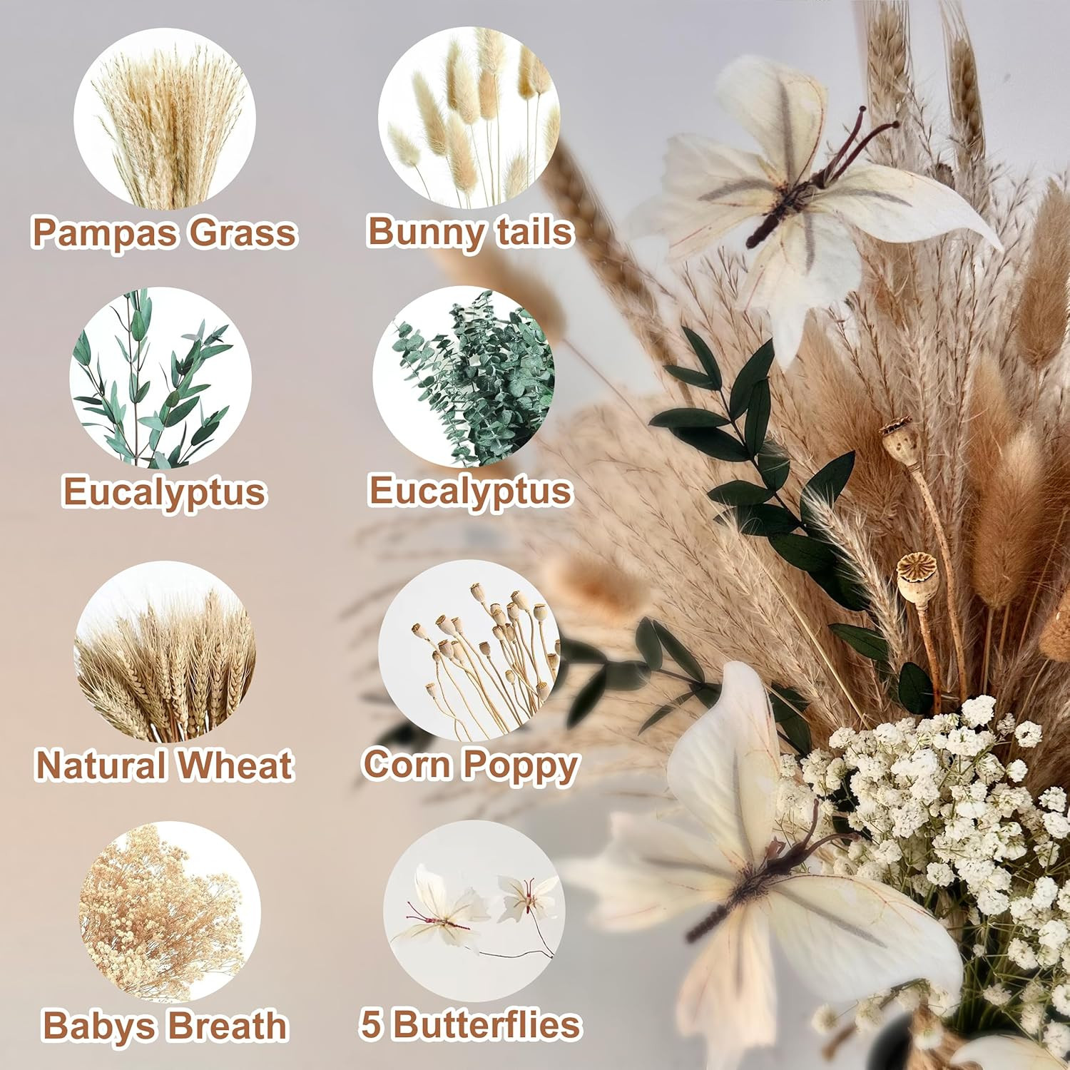 Pampas Grass Dried Flower Bouquet for Boho Home Decor | Eucalyptus, Butterflies