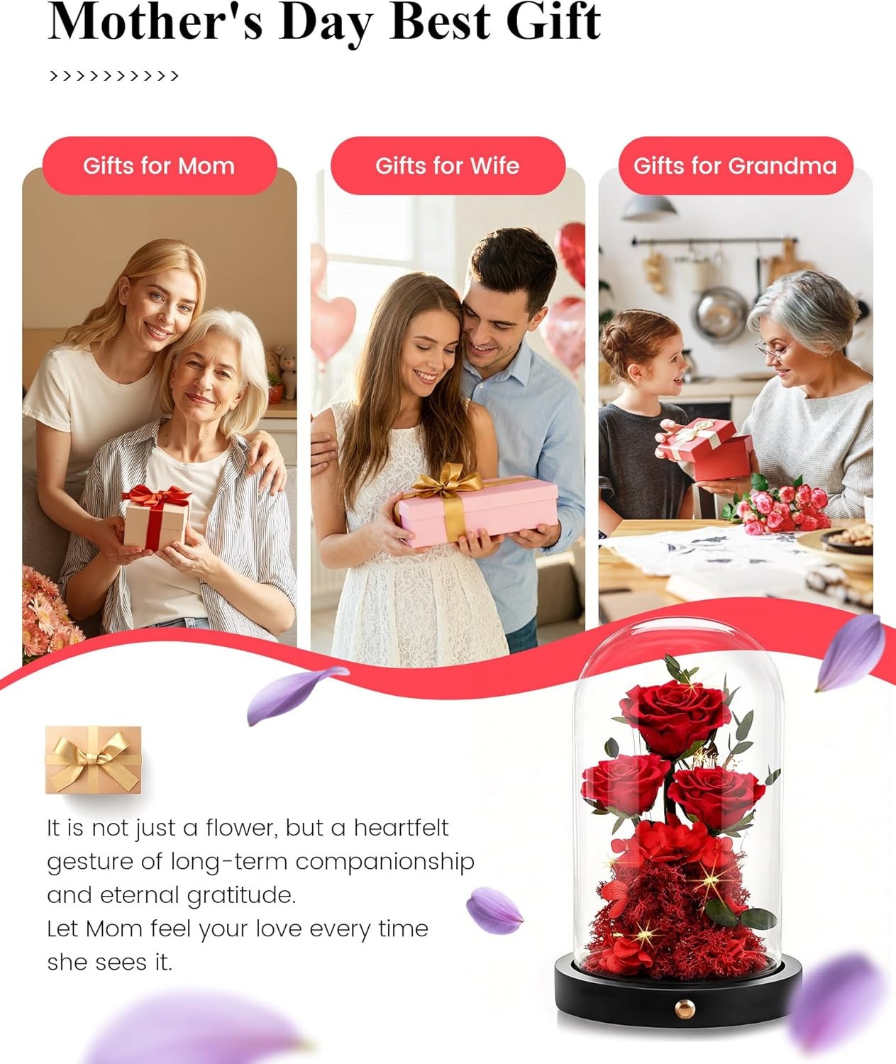 Mothers Day Flowers Roses Gifts for Mom,Forever Preserved Flower Rose in Glass D