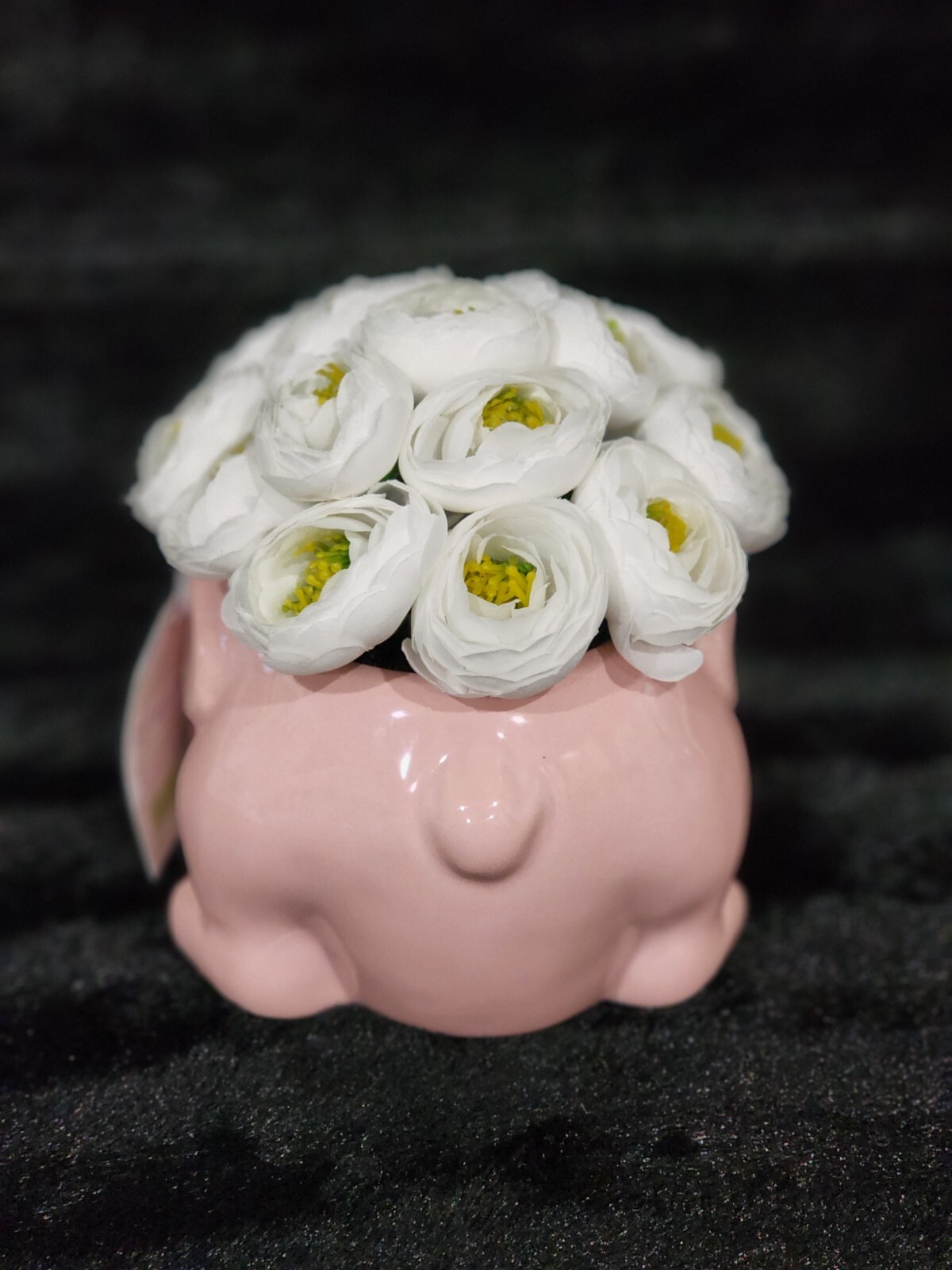White Silk Floral Arrangement in Pink Ceramic Bunny Planter 7″ Decor Easter Baby