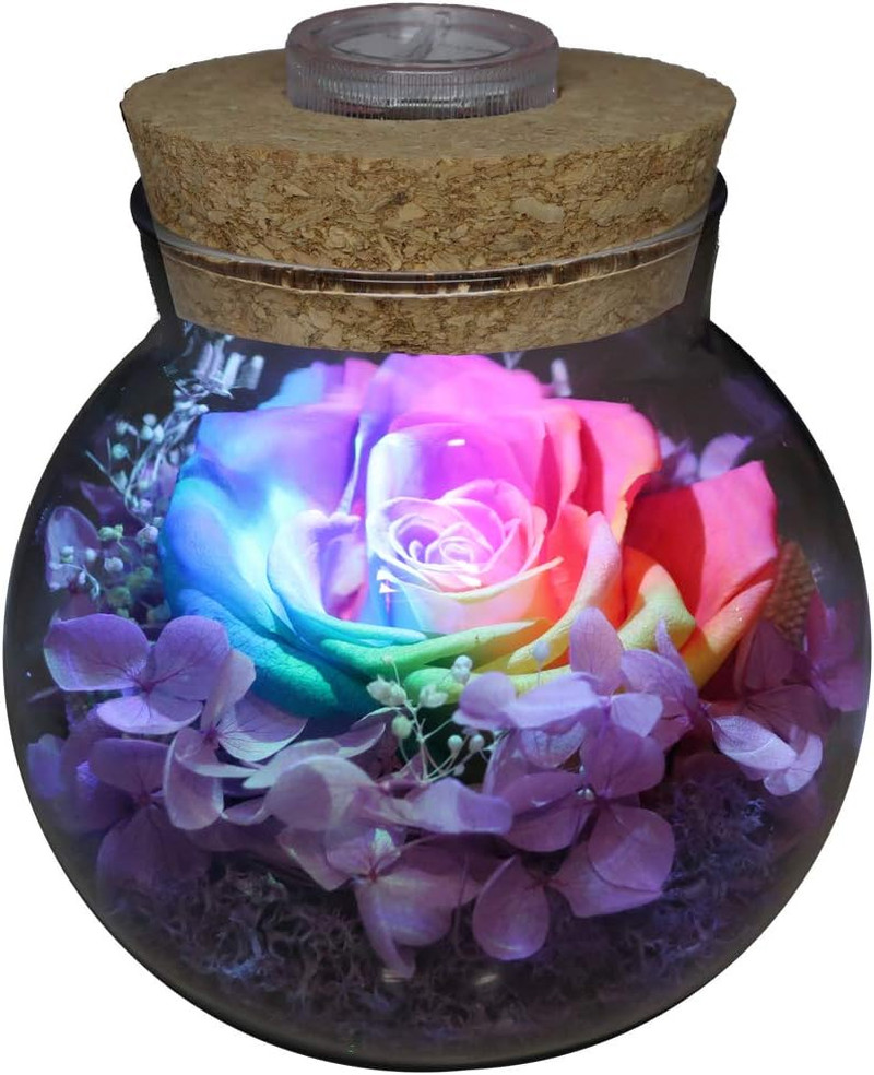 Preserved Real Roses with Colorful Mood Light Wishing Bottle,Eternal Rose，Never