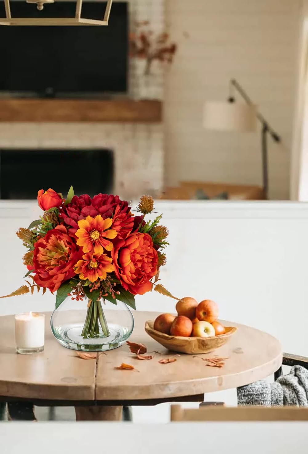 Fake Peony Flowers In Vase Fall Table Centerpiece Orange Silk Floral Arrangement