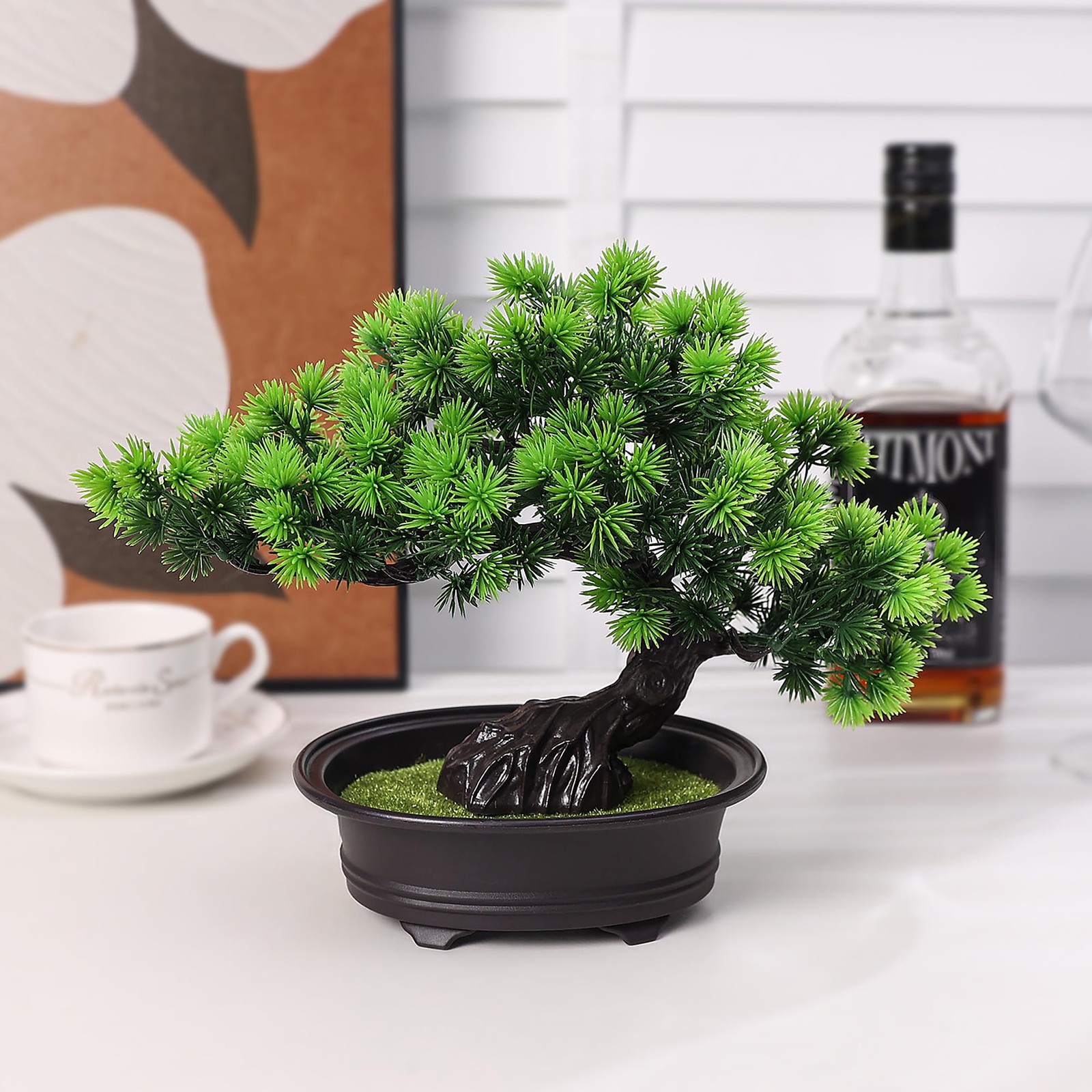 Small Fake Plants Desk Decor Artificial Bonsai with Pot, 9.5″ Tall, Green