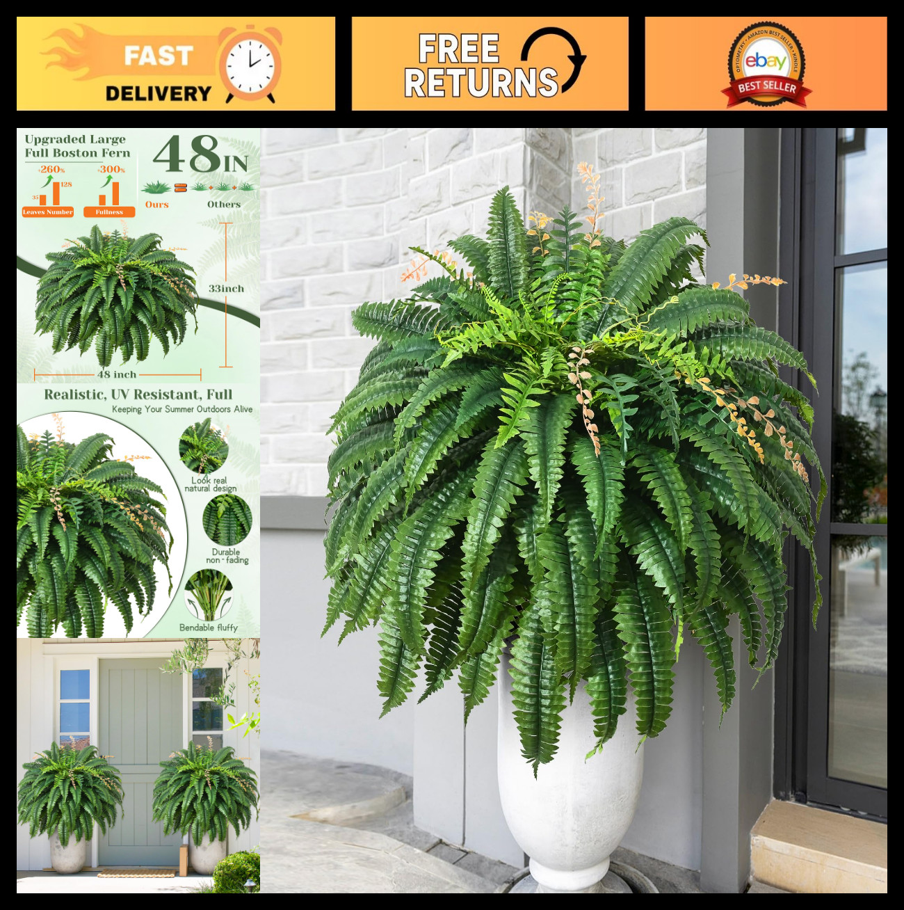 48″ Realistic UV Resistant Faux Boston Ferns – 128 Leaves for Outdoor Planters,