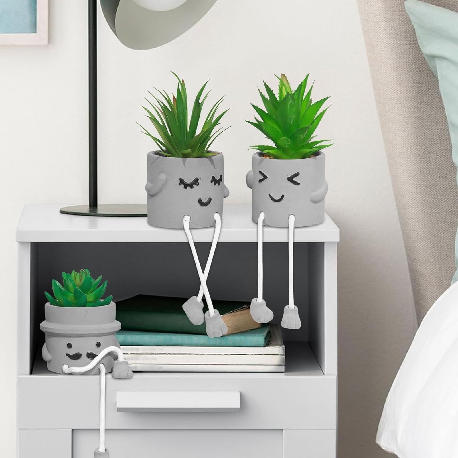 4 PCS Creative Artificial Succulent Plants Cement Pot Hanging Leg Decor Set