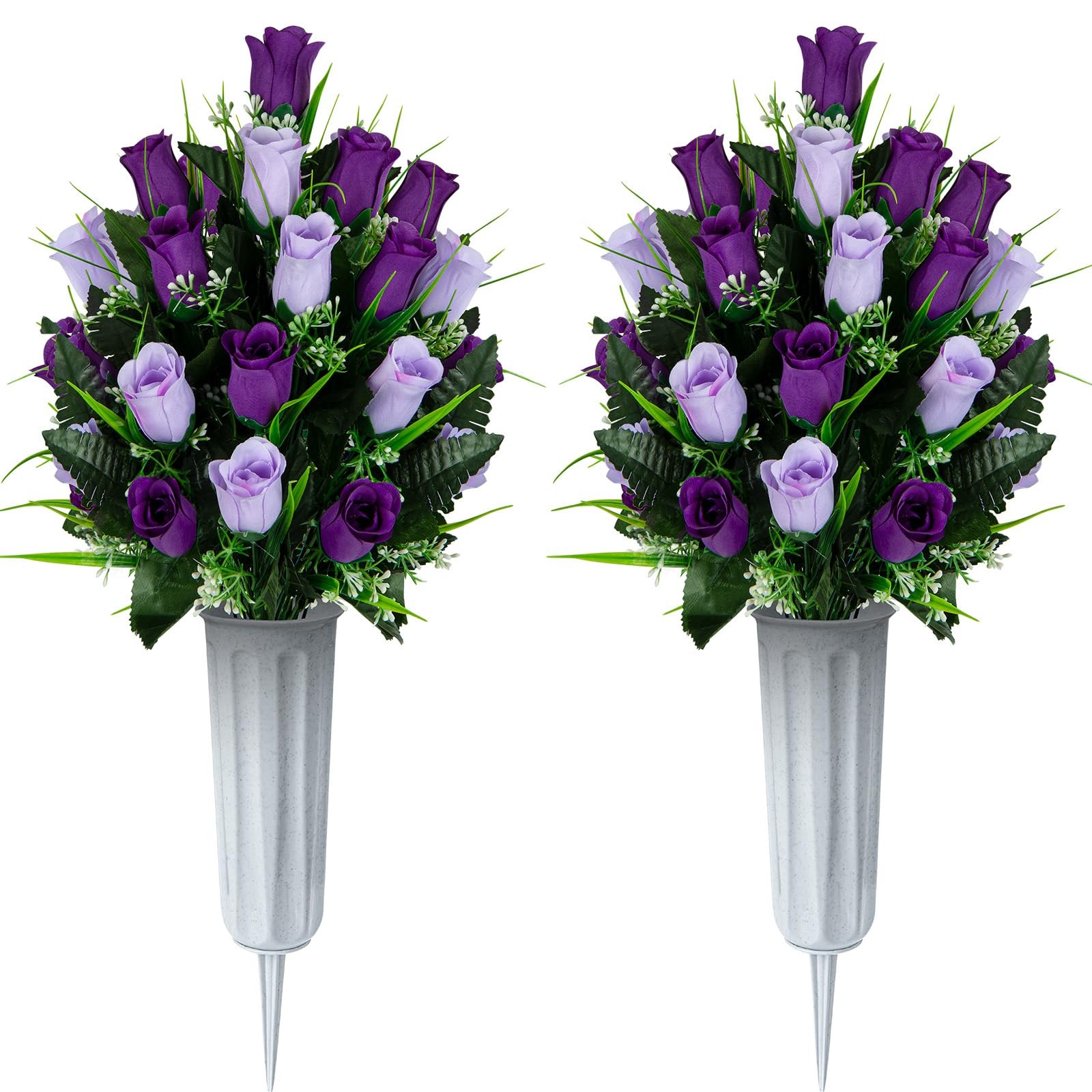 Artificial Cemetery Flowers – Set of 2 Grave Memorial Rose Flowers with Vase …