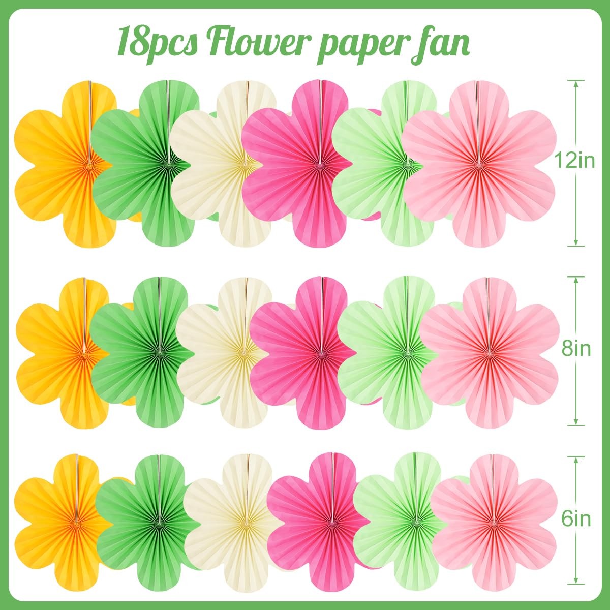 18 PCS Paper Fans Flowers Party Decor Floral Wall Backdrop Pink Green Yellow