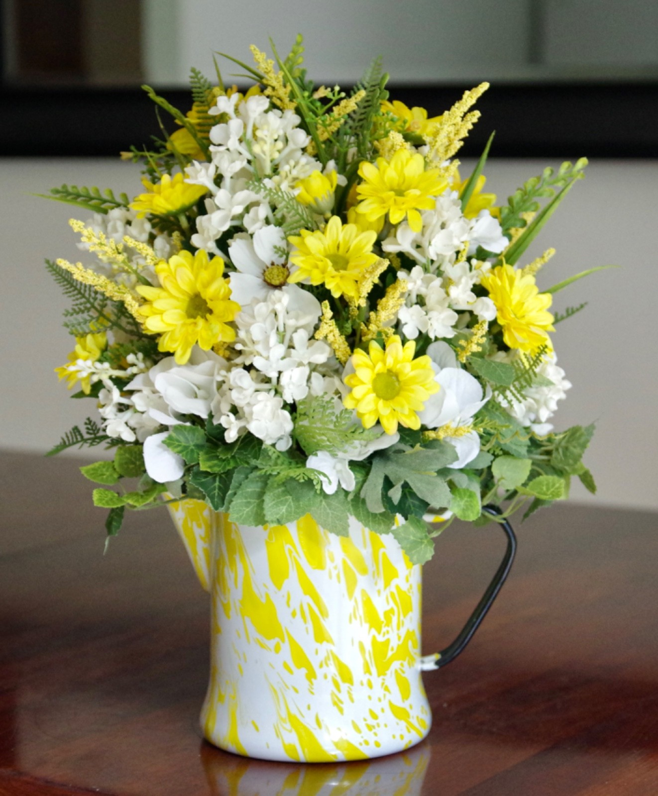 Vintage Enamel Yellow & White Coffee Pot Silk Yellow Daisies & Blue Delphinium