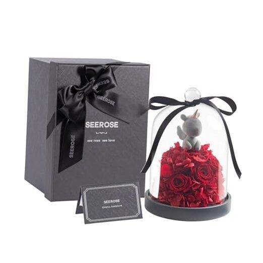 Preserved Rose with Unicorn in Glass Dome, Eternal Real Rose Red Lucky Unicorn