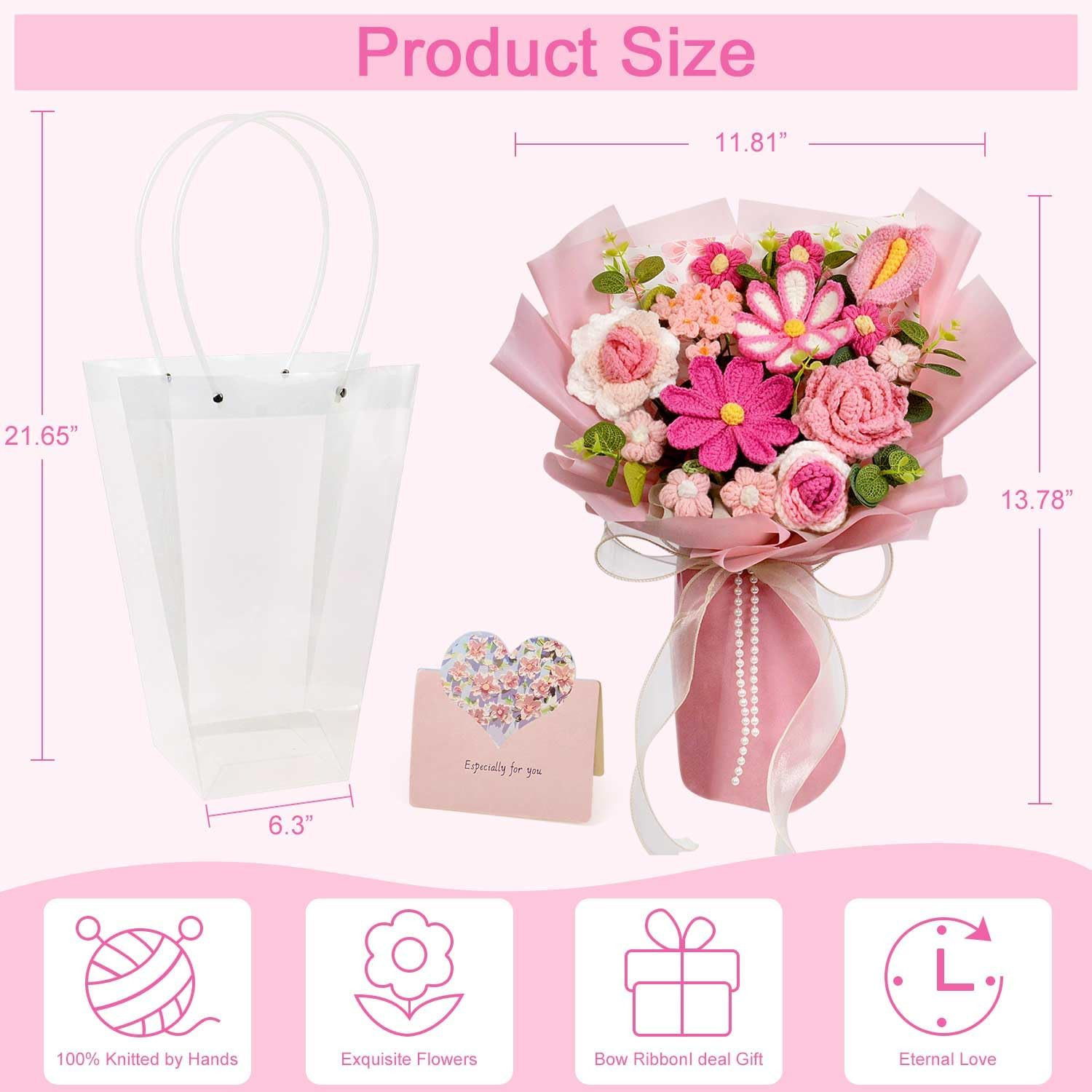Crochet Flower Bouquet, Handmade Pink Knitted Flowers Bouquet for Mother’S Day,