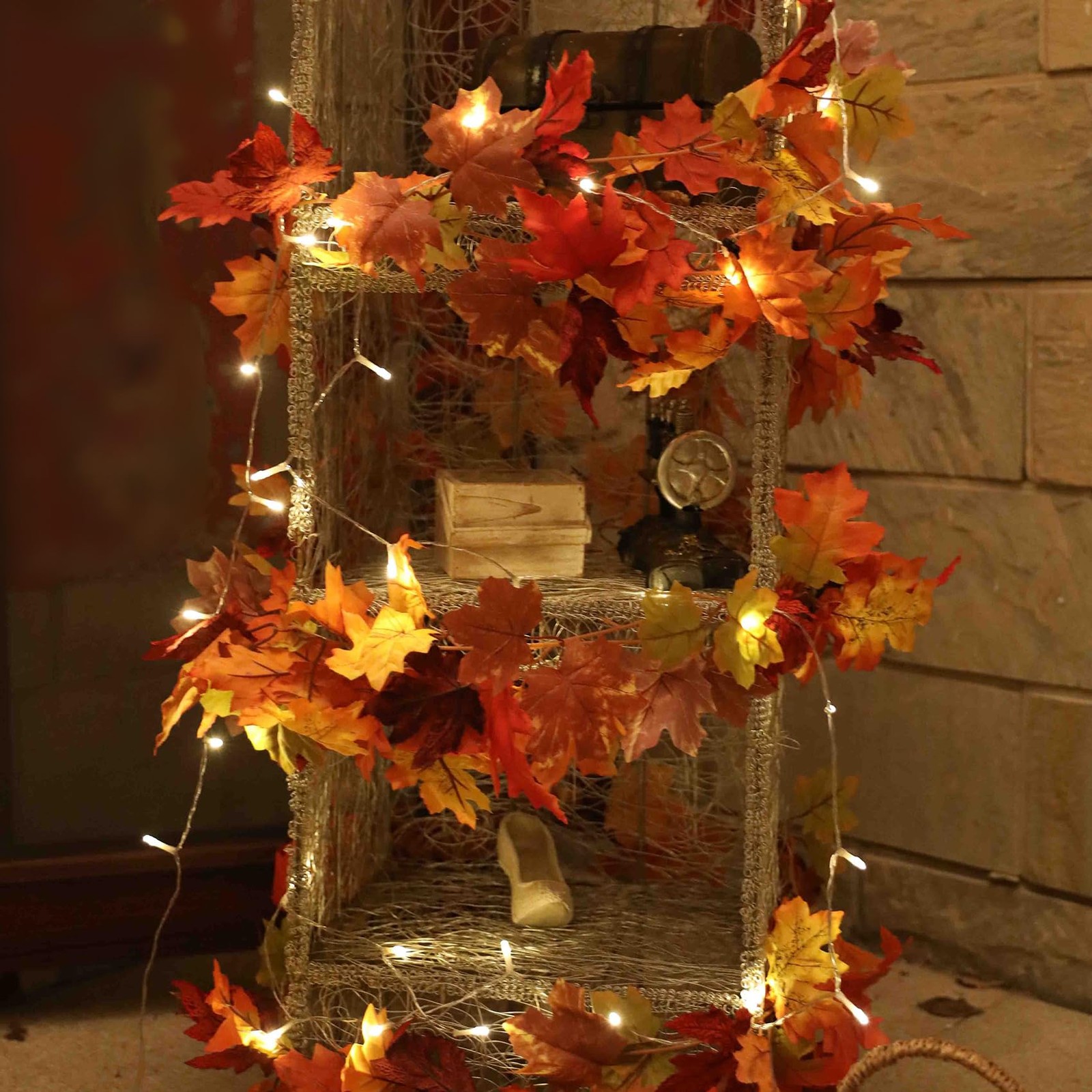 2 Pack Fall Maple Garland with 40 String Light- 5.8ft/Piece Artificial Fall F…