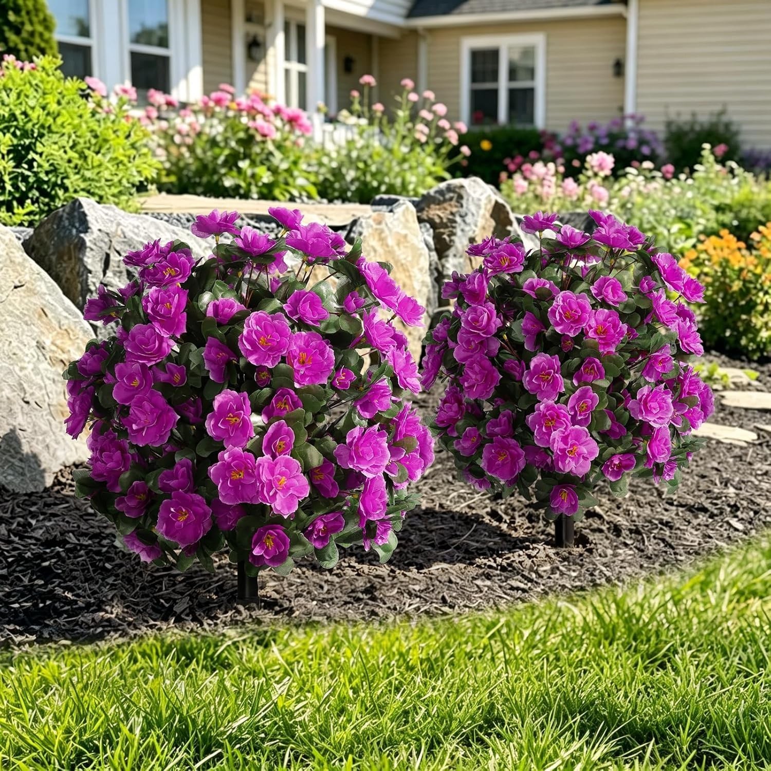 Artificial Flowers for Outdoor with Ground Stakes, 22″ Faux Azalea Silk Flora…