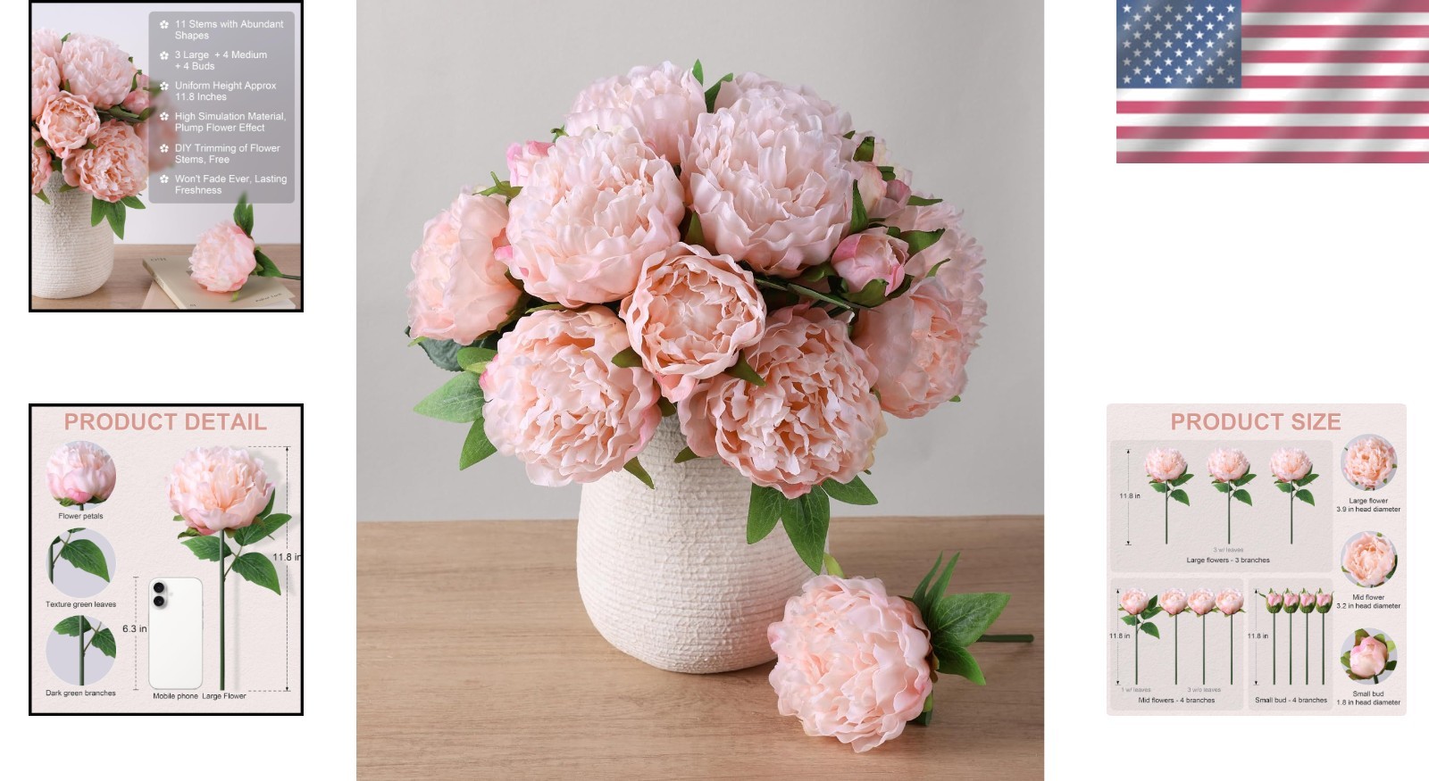Customizable Silk Peony Arrangement – 11 Light Pink Branches for Any Occasion