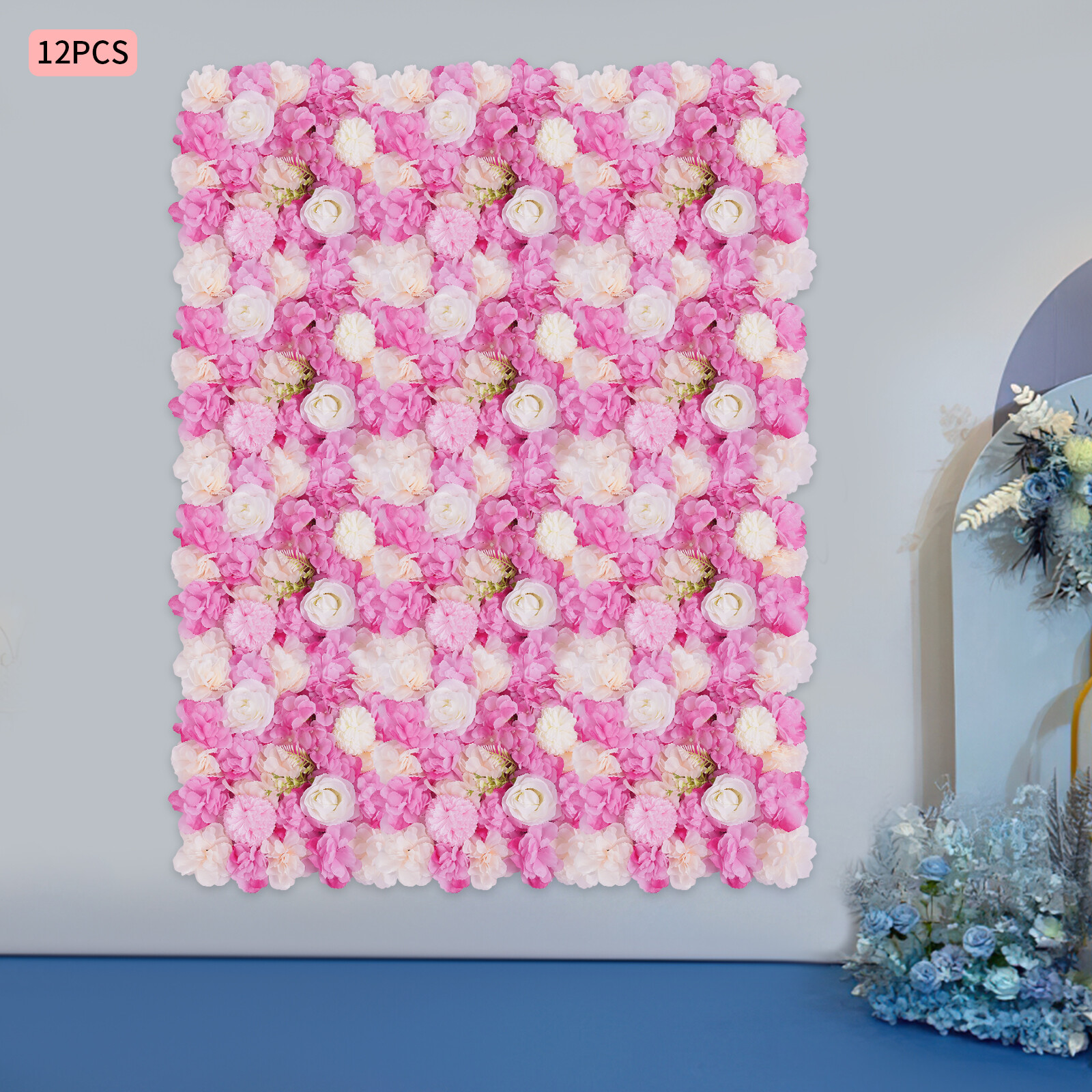 3D Flower Wall Panel-12pcs Artificial Flower Wall Background Silk Rose Mat