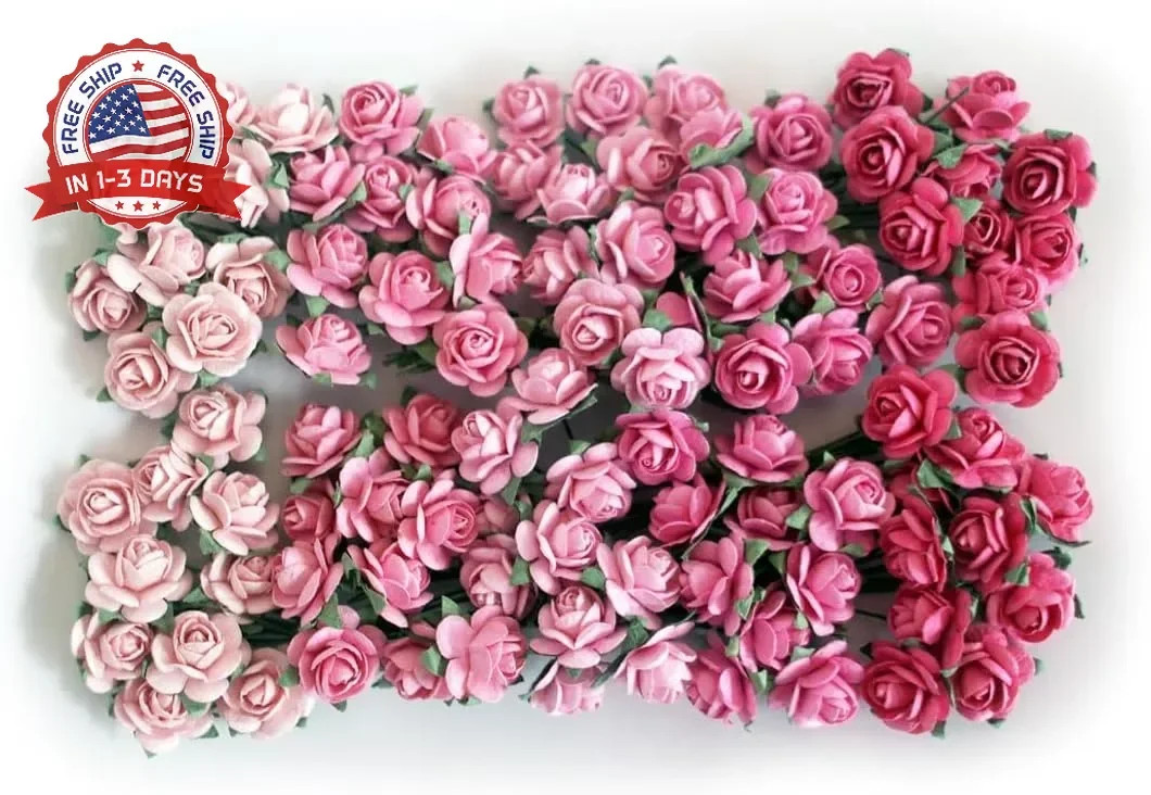100 pcs Tiny Artificial Roses Mixed Pink Five Color Mulberry Paper Flower 15-18