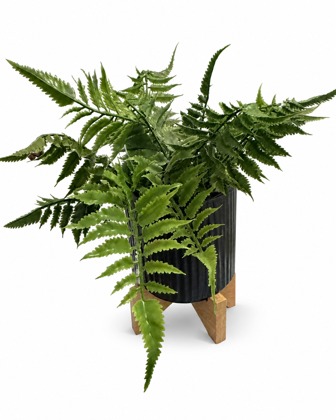 Faux Fern Plant in Black Ribbed Pot with Wooden Stand Artificial Greenery Decor