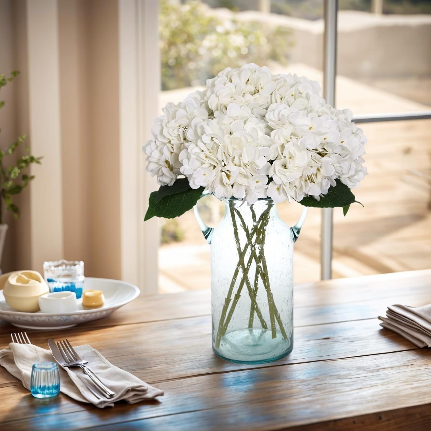 Cabin 6pcs White Hydrangeas Artificial Flowers Silk Fake Hydrangeas Faux Hydrang