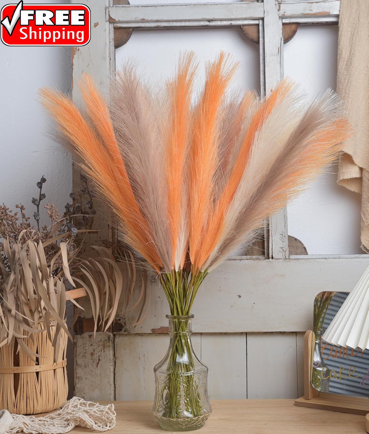 Orange Pampas Grass Decor,23Inch 12Pcs Faux Pampas Grass Bouquets Artificial Pam