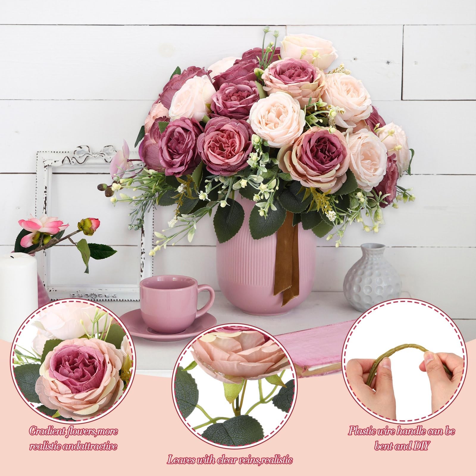 8 PCS Dusty Pink Rose Artificial Peonies Silk Flowers Bouquet Wedding Decor