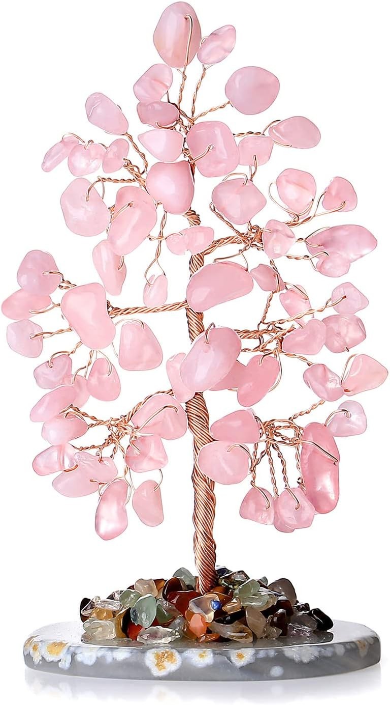 Rose Quartz Healing Crystal Tree of Life Natural Gemstone Pink-rose