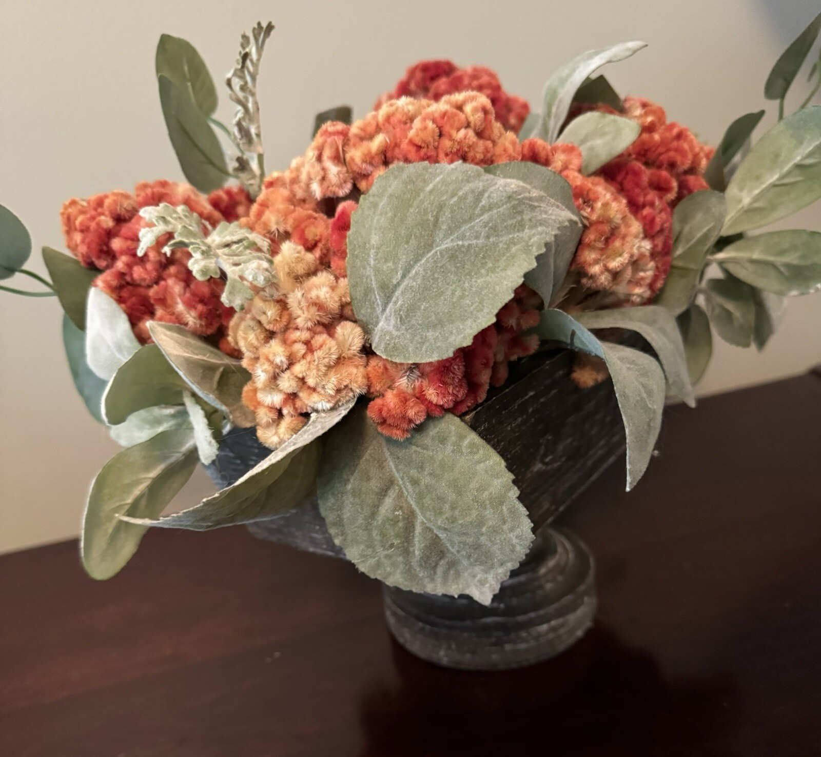 Orange Dried Floral Centerpiece Decor & Faux Green Leaves Metal Base Wooden Box