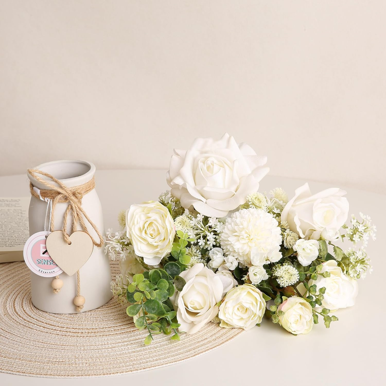 Elegant Silk Flower Arrangement with Vase – Faux Roses & Eucalyptus Decor
