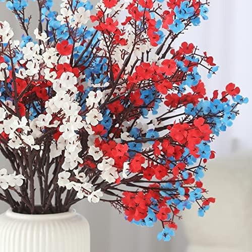 Hananona 10 Pcs 4th of July Flowers Artificial Babys Breath Fake Silk Red Whi…