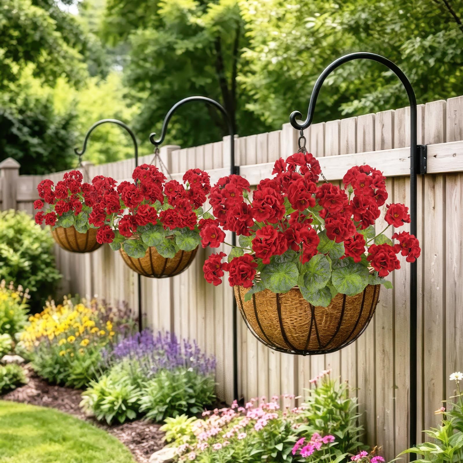 2 Pcs Artificial Geraniums for Outdoors 23” Faux Flowers Red Silk Geraniums UV