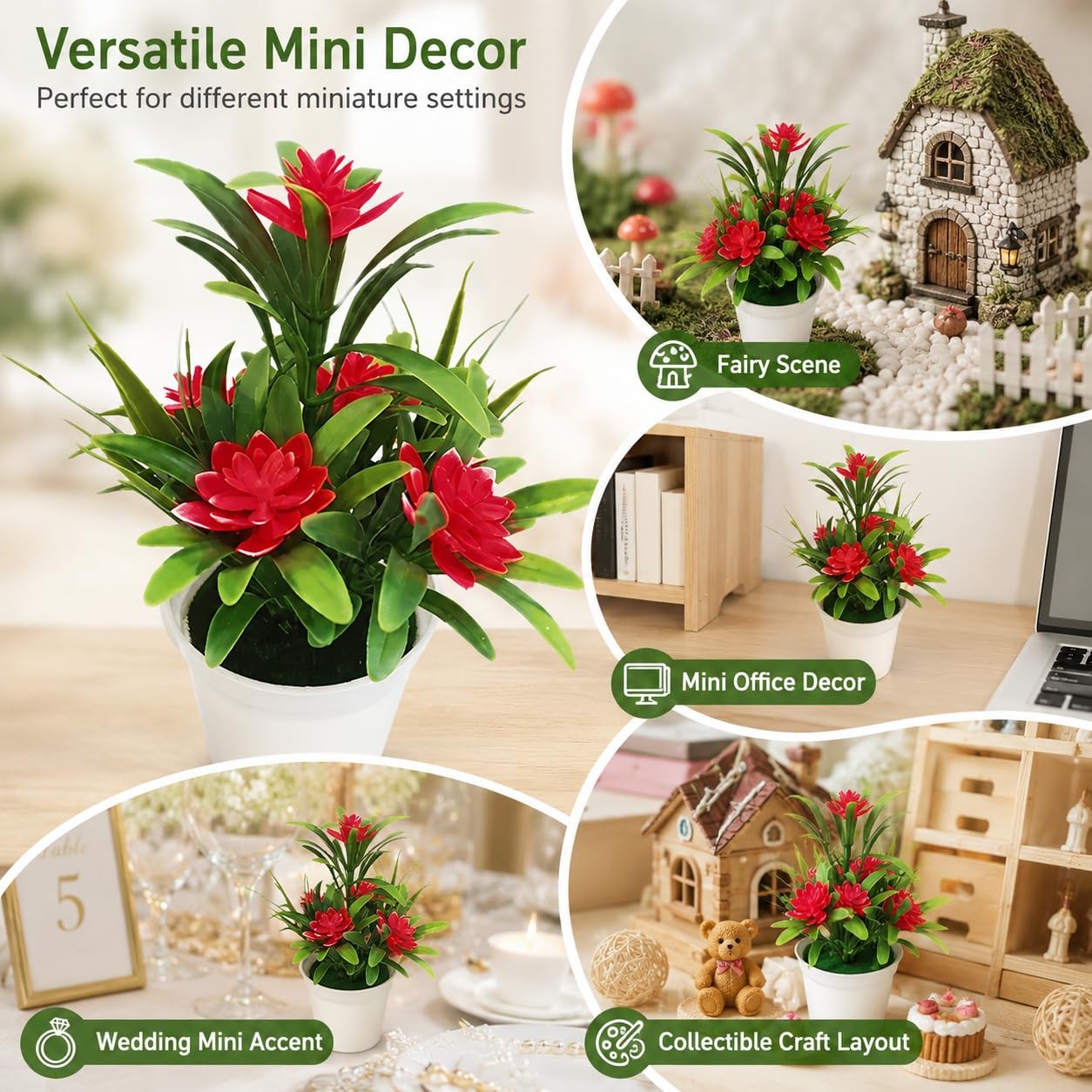Dollhouse 1: 12 Red Artificial Lotus Flowers in Plastic Vase, Mini Potted Flo…