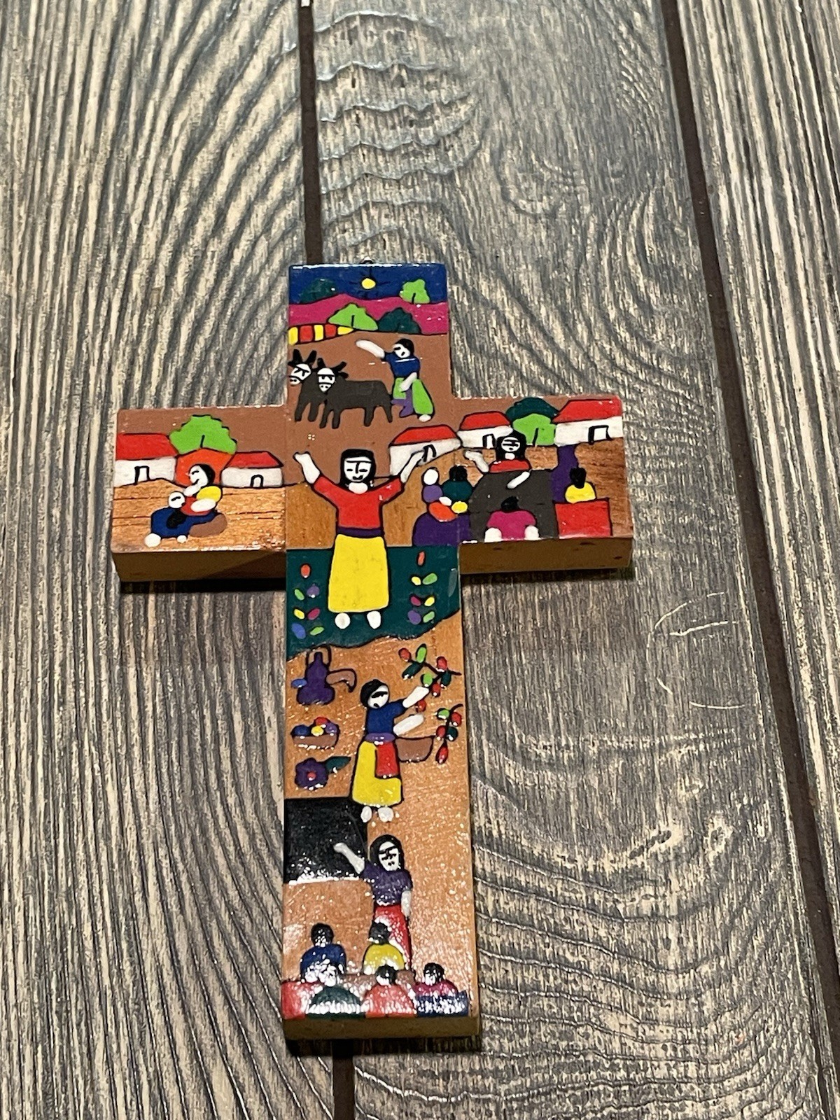 Artisan Hand-painted Wooden Cross Pastoral Scene 6″ Vivid Colors Wall Decor LB